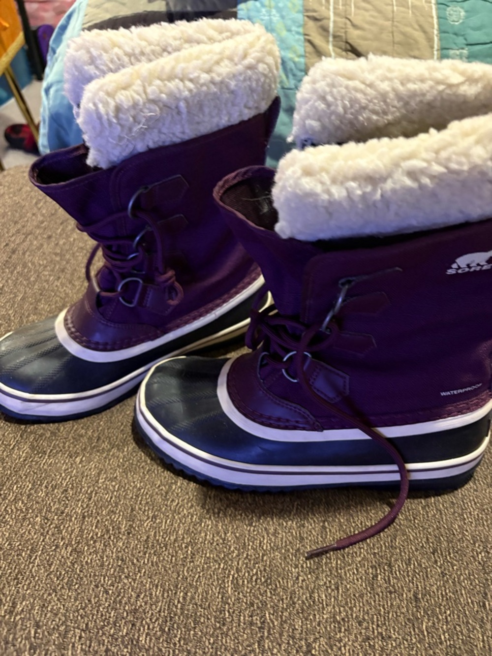 Sorel Purple and Navy Waterproof Winter Boots with Cream Shearling